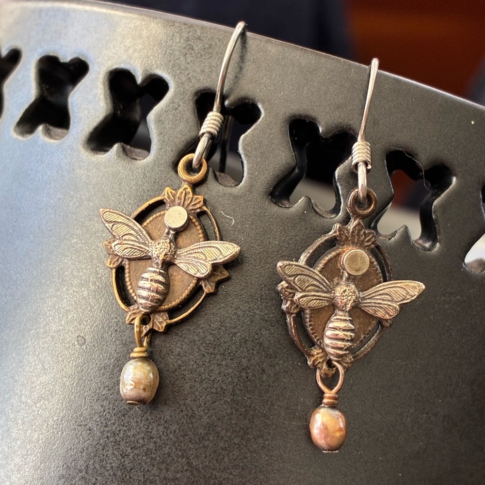 Bronze Bee Drop Earrings with Pearl Accent - Women Jewelry Earrings